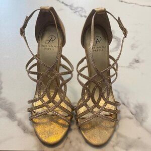 ADRIANNA Papell Elixir High Heel Strappy Sandal in Gold Platinum with Rhinestone